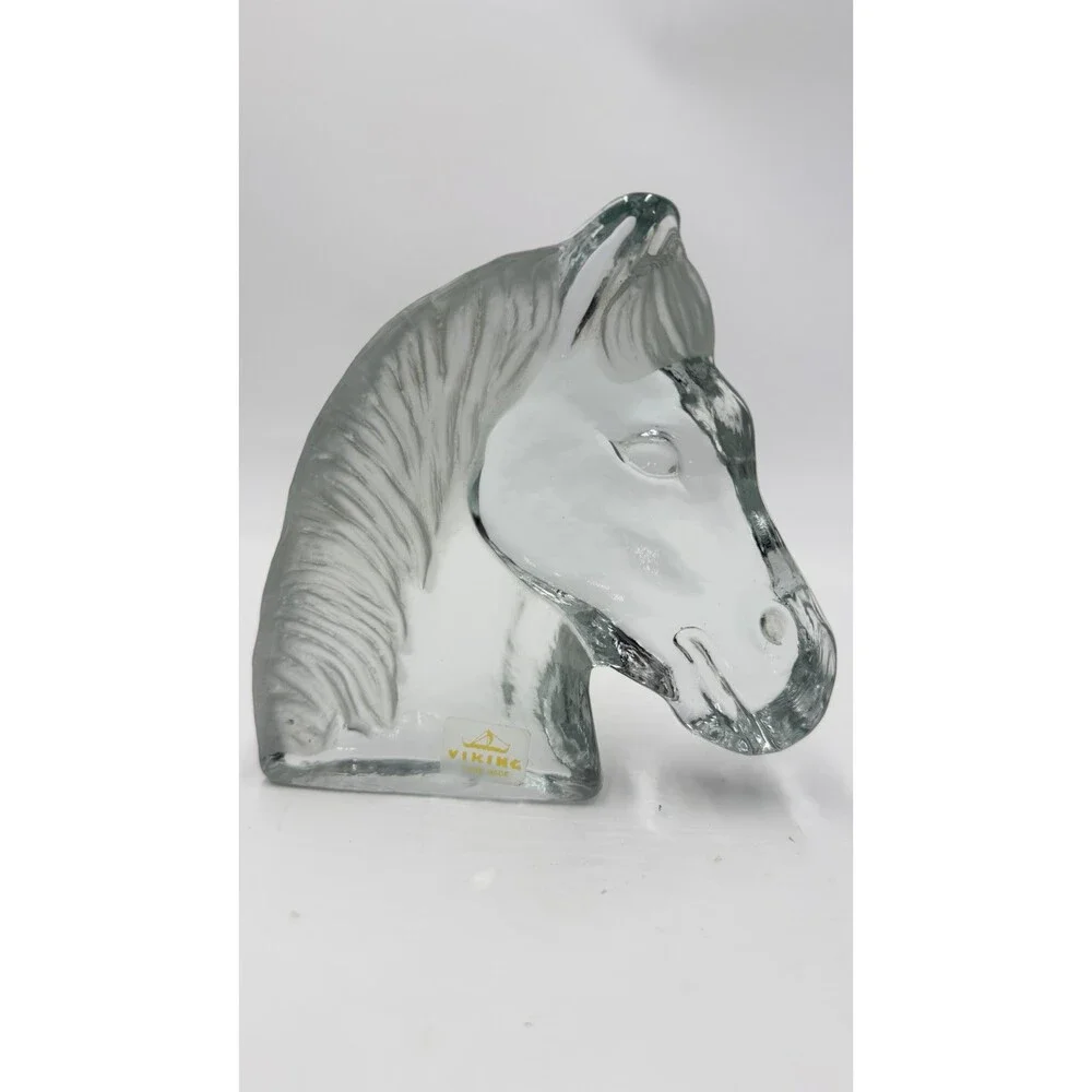 Viking Art Glass Horse Head Frosted Clear Bookend Paperweight Figurine 5.5”